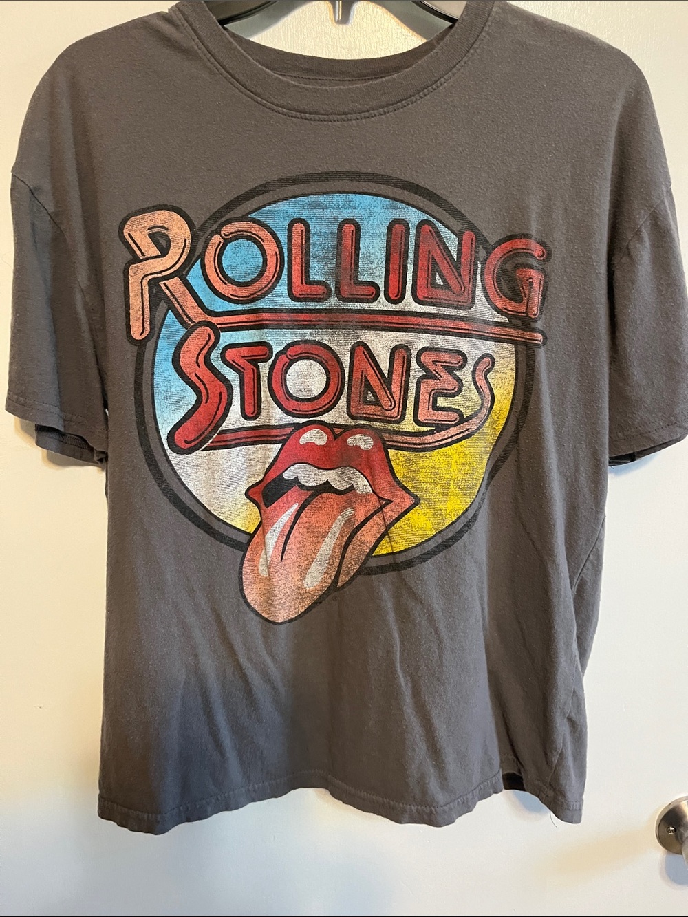 the Rolling Stones woman's Tee — gray with Red, Blue, Yellow & Cream Graphic XL